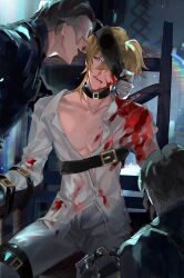  3boys aryyue aventurine_(honkai:_star_rail) belt_buckle black_blindfold black_hair black_suit blindfold blonde_hair blood blood_on_clothes blood_on_face blue_eyes buckle cowboy_shot earrings facing_viewer fang formal_clothes gloves hair_between_eyes hashtag-only_commentary head_tilt highres honkai:_star_rail honkai_(series) jewelry licking_lips light_particles looking_at_another male_focus mask multicolored_eyes multiple_boys nosebleed on_chair open_mouth pants partially_unbuttoned pectoral_cleavage pectorals purple_eyes removing_blindfold restrained shirt short_hair sideways_glance single_earring sitting smirk solo_focus spread_legs suit tied_to_chair tongue tongue_out two-tone_eyes tying upright_restraints whispering white_gloves white_pants white_shirt wing_collar 