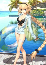  1girl :d bag bikini black_bikini black_hairband black_scrunchie blonde_hair blue_eyes blue_jacket bow bow_bikini braid breasts cleavage collarbone dock drawstring fate/grand_order fate_(series) feet_out_of_frame hair_between_eyes hair_ornament hair_scrunchie hairband holding holding_swim_ring hood hood_down hooded_jacket horizon innertube jacket jeanne_d&#039;arc_(fate) jeanne_d&#039;arc_(swimsuit_archer)_(fate) jeanne_d&#039;arc_(swimsuit_archer)_(first_ascension)_(fate) long_hair long_sleeves looking_at_viewer medium_breasts midriff_peek navel ocean official_art open_clothes open_jacket open_mouth palm_tree partially_unzipped pool sandals scrunchie sidelocks single_bare_leg single_braid sky sleeves_past_wrists smile solo standing swim_ring swimsuit takeuchi_takashi thigh_strap third-party_source tote_bag tree variant_set very_long_hair white_sandals zipper 