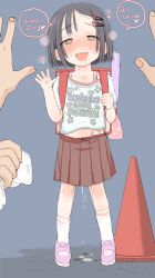  1girl 2boys after_vaginal aftersex backpack bad_id bad_nijie_id bag black_hair blush body_writing clothed_dripping cum cum_in_pussy cum_pool cumdrip drooling eyebrows eyebrows_hidden_by_hair fang female_pervert flute full_body hair_ornament hairclip half-closed_eyes hangaku_(nijie412305) heart heart-shaped_pupils highres instrument japanese_text loli looking_at_viewer multiple_boys no_panties open_mouth original panties pervert pov pov_hands pussy_juice pussy_juice_trail randoseru recorder saliva shirt short_hair skirt source_request symbol-shaped_pupils t-shirt tally translated underwear waving  rating:Explicit score:612 user:starking