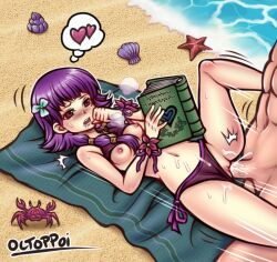 1boy 1girl beach bikini bikini_aside blush book breasts breasts_out clothing_aside cum cum_in_pussy cum_on_body cum_on_lower_body fire_emblem fire_emblem:_the_sacred_stones fire_emblem_heroes flower hair_flower hair_ornament happy heavy_breathing hetero long_hair lute_(fire_emblem) lute_(summer)_(fire_emblem) lying medium_breasts midriff nintendo nipples ocean octoppoi on_back purple_bikini purple_eyes purple_hair purple_swimsuit seaside sex swimsuit towel vaginal