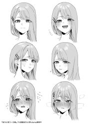  1girl ^_^ blue_eyes blush chart chigusa_minori closed_eyes closed_mouth expression_chart grey_hair highres long_hair looking_at_viewer multiple_expressions multiple_views open_mouth pout reference_sheet saotome_shino_(shino_to_ren) shino_to_ren simple_background smile variations white_background 