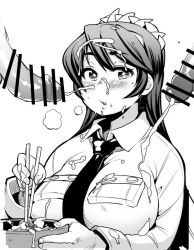  1girl bar_censor blush breasts bukkake censored chopsticks cum cum_on_body cum_on_breasts cum_on_clothes cum_on_food cum_on_hair cum_on_upper_body disembodied_penis eating ejaculation facial filia_(skullgirls) fukumaaya greyscale large_breasts long_hair lunchbox monochrome multiple_penises necktie penis samson_(skullgirls) school_uniform skullgirls solo_focus  rating:Explicit score:59 user:danbooru