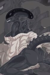  1girl absurdres alien alien_(series) ass back barefoot breasts cleavage commentary dress english_commentary fingernails highres kabhaalvt large_breasts no_eyes off-shoulder_sweater off_shoulder sharp_fingernails smile solo spines sweater sweater_dress tail white_sweater xenomorph 