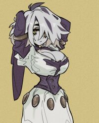  1girl black_corset breasts cleavage corset doobermcgoober dress highres looking_at_viewer original short_hair simple_background solo white_hair yellow_background yellow_eyes 
