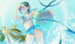  1girl ball beach beachball bishoujo_senshi_sailor_moon blue_eyes blue_haur blue_sailor_collar highres holding holding_ball holding_beachball koya midriff mizuno_ami navel palm_tree panties sailor_collar sailor_mercury sailor_moon_narikiri_bra_set solo thick_thighs thighs tree underwear 