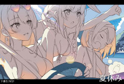 3girls absurdres armpits bikini breasts car_interior cleavage day driving eyewear_on_head heart heart-shaped_eyewear highres hololive houshou_marine irroi multiple_girls nose_bubble partially_colored pointing shirogane_noel sleeping swimsuit translation_request unfinished usada_pekora virtual_youtuber
