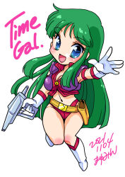  1girl absurdres arm_up belt bikini bikini_bottom_only blue_eyes boots breasts chibi cleavage copyright_name dated energy_gun gloves green_hair gun highres holster kisaragi_miyuki leg_up long_hair midriff navel open_mouth purple_shirt red_bikini red_shirt reika_(time_gal) shirt sleeveless smile solo standing standing_on_one_leg swimsuit thighs time_gal two-tone_shirt weapon white_boots white_gloves 