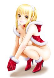  1girl blonde_hair boots breasts cape choker full_body fur-trimmed_boots fur-trimmed_cape fur-trimmed_gloves fur_trim gloves high_heels highres looking_at_viewer nude original own_hands_together ponytail red_cape red_choker red_gloves santa_costume solo yui_toshiki 