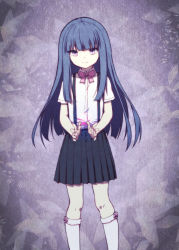 1girl absurdres black_skirt blue_hair bow closed_mouth eyebrows_hidden_by_hair furude_rika hazumi_otoya highres higurashi_no_naku_koro_ni hime_cut long_hair pink_bow pleated_skirt purple_background purple_eyes school_uniform shirt short_sleeves skirt smile socks solo standing straight_hair suspender_skirt suspenders white_shirt white_socks rating:Sensitive score:17 user:danbooru
