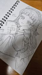  1girl :d beret camcorder camera cardcaptor_sakura commentary_request daidouji_tomoyo dated graphite_(medium) greyscale hand_on_own_cheek hand_on_own_face hands_up hat highres holding holding_camera light_blush long_hair long_sleeves looking_at_viewer monochrome necktie open_mouth parted_bangs photo_(medium) school_emblem school_uniform shirt short_bangs shuri_(84k) sketchbook smile solo straight_hair table tomoeda_elementary_school_uniform traditional_media very_long_hair video_camera winter_uniform wire_binding wooden_table 