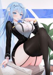 1girl absurdres alternate_costume ass bead_bracelet beads black_jacket black_skirt blue_eyes blue_hair blush bracelet braid breasts brown_thighhighs collared_shirt crossed_legs desk eraser eyewear_on_head flower fuyu_(fnma5242) garter_straps goddess_of_victory:_nikke hair_flower hair_intakes hair_ornament helm_(nikke) highres holding_ruler jacket jewelry knees_up large_breasts long_hair long_sleeves miniskirt on_desk ruler shirt sitting skirt solo thighhighs thighs watch white_flower white_shirt wristwatch zoom_layer rating:Sensitive score:26 user:Leksa