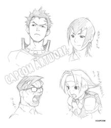  2boys 2girls artist_request ayuhara_natsu backpack bag blouse bow bowtie capcom commentary_request crop_top crop_top_overhang flipped_hair frown glasses graphite_(medium) greyscale headband high_collar ichimonji_batsu jpeg_artifacts justice_gakuen medium_hair monochrome multiple_boys multiple_girls necktie official_art parted_bangs parted_lips production_art school_bag second-party_source shimazu_hideo shirt short_hair short_sleeves shouting simple_background sketch smile spiked_hair sweatdrop taiyou_gakuen_uniform teeth tongue traditional_media translation_request upper_body v-shaped_eyebrows wakaba_hinata watermark white_background white_sleeves 