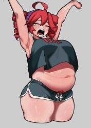  1girl ahoge alternate_body_size arms_up breasts champchidi clenched_hand closed_eyes clothes_writing cropped_legs dolphin_shorts drill_hair fat grey_background grey_shirt grey_shorts hair_between_eyes highres kasane_teto large_breasts outline pubic_hair pubic_hair_peek red_hair red_pubic_hair shirt shorts simple_background sleeveless solo teeth thick_thighs thighs twin_drills utau white_outline yawning 
