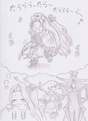  2girls arlon_(kid_icarus) bansyo31 commentary_request dreaming drooling facial_hair finger_to_mouth flower graphite_(medium) hair_flower hair_ornament kid_icarus kid_icarus_uprising kirby_(series) long_hair looking_at_another midriff multiple_girls mustache navel nintendo oomoto_makiko open_mouth phosphora shushing smash_invitation smile super_smash_bros. traditional_media translation_request very_long_hair viridi voice_actor_connection 