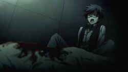  1boy 1other blood blood_on_clothes blue_hair blue_pants blurry blurry_foreground chaos;child collared_shirt crooked_eyewear dark game_cg glasses grey_theme highres long_sleeves male_focus messy_hair miyashiro_takuru non-web_source official_art on_ground open_clothes open_mouth open_vest pants sasaki_mutsumi scared screaming shirt short_hair sitting surprised teeth tile_wall tiles tongue vest white_shirt 