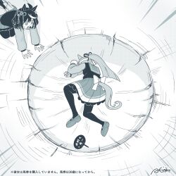  2girls a4_(a4_eishi) ahoge alternate_costume alternate_hairstyle animal_ears breasts chrono_genesis_(umamusume) commentary_request highres horse_ears horse_tail kitasan_black_(umamusume) kneeling long_hair medium_breasts medium_hair meme monochrome multiple_girls open_mouth pantyhose ponytail signature surprised tail translation_request umamusume white_background yamcha_pose_(meme) 