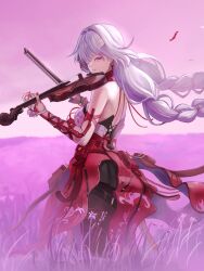  1girl bandaged_arm bandages bare_shoulders black_pantyhose black_skirt braid breasts chucky_(chucky1000sun) closed_mouth commentary_request dress earrings from_side grey_hair highres holding holding_instrument instrument jewelry long_hair looking_at_viewer looking_to_the_side low_twin_braids medium_breasts outdoors pantyhose phrolova_(wuthering_waves) purple_eyes red_dress signature skirt solo standing twin_braids violin wuthering_waves 