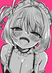 1girl absurdres ahoge bare_shoulders bikini blush breasts cleavage collar collarbone detached_sleeves fangs frilled_bikini frilled_collar frills greyscale_with_colored_background hair_between_eyes hair_intakes highres idolmaster idolmaster_cinderella_girls idolmaster_cinderella_girls_starlight_stage looking_at_viewer maid maid_bikini maid_headdress medium_breasts medium_hair open_mouth pink_background simple_background smile solo sukoyaka_(100hituzi) sweat swimsuit tongue two_side_up unconventional_maid yumemi_riamu