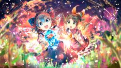  2girls blue_bow blue_dress blue_eyes blue_hair blurry bow cirno collared_shirt commentary_request daiyousei depth_of_field detached_wings dress fairy fairy_wings flower_request frozen frozen_flower game_cg green_eyes green_hair hair_bow highres ice ice_wings lens_flare long_hair multiple_girls official_art open_mouth outdoors pinafore_dress puffy_short_sleeves puffy_sleeves shirt short_sleeves sleeveless sleeveless_dress smile teeth third-party_source touhou touhou_danmaku_kagura upper_teeth_only white_shirt wings yae_(mono110) 