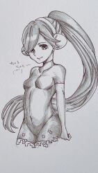 1girl android black_bodysuit bodysuit breasts charu_(saru_getchu) closed_mouth covered_navel greyscale highres long_hair looking_at_viewer monochrome ponytail robot_ears saru_getchu simple_background skin_tight smile solo white_background 