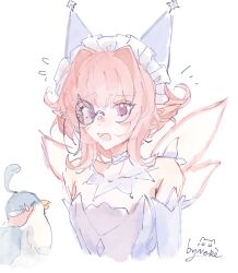  1girl bare_shoulders bird collar collarbone covered_collarbone cropped_torso detached_collar dot_nose dress elbow_gloves eyelashes fairy fairy_wings flying_sweatdrops frilled_headwear gloves hair_intakes hat highres infinity_nikki light_blush lulukko_(infinity_nikki) monocle nervous nikki_(series) notice_lines open_mouth pink_eyes pink_hair pink_wings purple_dress purple_gloves purple_hat round_eyewear shixiningya28796 short_hair_with_long_locks signature simple_background strapless strapless_dress sweatdrop white_background white_collar wings 
