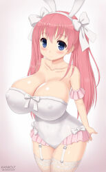 10s 1girl blue_eyes blush bow breasts cleavage collarbone fishnet_thighhighs fishnets garter_straps haramura_nodoka headband huge_breasts kainkout long_hair pink_hair rabbit_ears ribbon saki_(manga) smile solo swimsuit thighhighs twintails white_ribbon wide_hips  rating:Questionable score:14 user:unkown1832_11a0