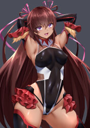  1girl absurdres arms_up black_leotard breasts covered_navel curecycadura curvy dark-skinned_female dark_skin elbow_gloves gloves highleg highleg_leotard highres leotard long_hair looking_at_viewer mizuki_yukikaze purple_eyes revealing_clothes shiny_clothes shiny_skin small_breasts smile solo taimanin_(series) taimanin_yukikaze tan thong_leotard twintails very_long_hair wide_hips 