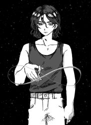  1boy cowboy_shot greyscale gundam gundam_gquuuuuux highres holding holding_scissors infinity_symbol male_focus mobius_strip monochrome o_7i5 pants scissors short_hair shuji_ito sleeveless solo space star_(sky) tank_top 