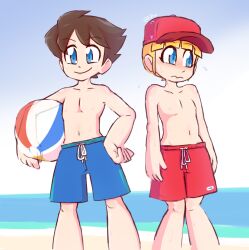  1boy 1girl ball beach beachball blonde_hair blue_eyes blush brown_hair flat_chest fupoo loli male_swimwear male_swimwear_challenge mega_man_(character) mega_man_(series) nipples roll_(mega_man) shota smile sweatdrop water 