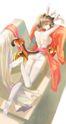  1girl absurdres animal_ear_hairband animal_ears ass back back_zipper backless_leotard bare_arms bare_shoulders bell belt_collar bow brown_hair cat_ears cat_tail collar commentary_request commission couch fake_animal_ears foot_up from_above full_body hairband highres jacket jingle_bell korean_commentary leotard looking_at_viewer lying no_shoes on_couch on_stomach original palme0928 prunechi rabbit_ear_hairband rabbit_ears red_bow red_collar red_eyes red_jacket red_shawl second-party_source see-through_clothes see-through_shawl shawl short_hair solo strapless strapless_leotard tail tail_bell tail_bow tail_ornament thighhighs unworn_jacket white_background white_leotard white_thighhighs white_wrist_cuffs wrist_cuffs 