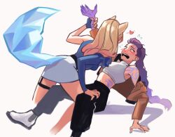  2girls ahri_(league_of_legends) animal_ears armpit_crease bare_shoulders bent_over black_pants blonde_hair blue_gloves blush body_markings braid brown_eyes brown_jacket claws colored_skin couple crop_top cropped_jacket crossover cymk_8 demon_girl fingerless_gloves flying_sweatdrops fox_ears fox_tail from_above from_behind from_side girl_on_top gloves gradient_hair heart highres holding_another&#039;s_wrist jacket k/da_(league_of_legends) k/da_ahri kpop_demon_hunters league_of_legends leaning_back leaning_forward long_braid long_hair long_sleeves looking_up multicolored_hair multicolored_skin multiple_girls navel nervous_sweating off_shoulder official_alternate_costume open_mouth pants rumi_(kpop_demon_hunters) shade shadow shoes simple_background single_braid single_glove single_sleeve skirt sleeveless stomach sweat tail teeth thigh_strap two-tone_hair two-tone_skin upper_teeth_only white_background white_shoes wide-eyed yuri 