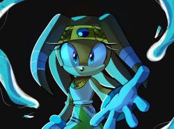  1girl artist_logo black_background blue_eyes blue_theme highres logo looking_at_viewer outstretched_arm solo sonic_(series) sonic_adventure sunsetbriz tikal_the_echidna water 