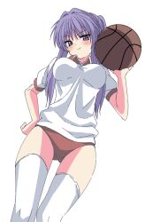  &gt;:) 1girl ball basketball_(object) blush breasts breasts_apart buruma clannad closed_mouth commentary_request commission dutch_angle eyes_visible_through_hair feet_out_of_frame from_below fujibayashi_kyou gluteal_fold gym_shirt gym_uniform hair_between_eyes hair_intakes hand_on_own_hip hand_up highres holding holding_ball large_breasts long_hair looking_at_viewer looking_down official_alternate_costume official_alternate_hairstyle ponytail purple_eyes purple_hair red_buruma shirt short_sleeves sidelocks simple_background smile solo standing straight_hair thighhighs v-shaped_eyebrows white_background white_shirt white_thighhighs yoanium 