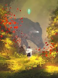  1girl 1other animal black_skirt boar brown_hair coat dkaism falling_petals full_body fur_coat glowing glowing_eye limited_palette original painterly petals scarf short_hair size_difference skirt walking white_eyes 