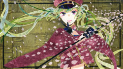  1girl absurdres black_gloves blue_eyes cherry_blossoms commentary_request finger_gun floating_hair furisode_sleeves gloves gohei green_hair hair_ribbon hat hatsune_miku highres holding holding_gohei inset_border japanese_clothes long_hair long_sleeves masking_tape_(medium) military_hat oonusa peaked_cap ribbon ryono senbonzakura_(vocaloid) shirt smile solo straight-on suspenders traditional_media twitter_username unconventional_media upper_body very_long_hair vocaloid wide_sleeves 