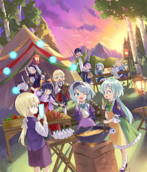 1boy black_hair blonde_hair blue_eyes blush camping camping_chair cellphone cooking dress forest green_eyes hairband highres isekai_wa_smartphone_to_tomo_ni. kohaku_(isekai_wa_smartphone_to_tomo_ni.) long_hair mochizuki_touya multiple_girls nature open_mouth outdoors phone portable_stove princess short_hair skirt smartphone smile tent tiger tree usatsuka_eiji very_long_hair white_tiger 