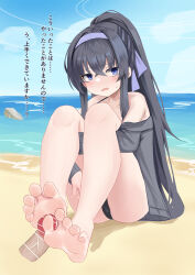 1girl bar_censor bare_legs barefoot beach black_hair black_panties blue_archive blue_eyes blue_sky blush censored check_translation feet footjob halo highres hugging_own_legs long_hair lts_kakuyo ocean official_alternate_costume open_mouth panties penis ponytail sky soles sweatdrop toenails toes translated translation_request ui_(blue_archive) ui_(swimsuit)_(blue_archive) underwear very_long_hair rating:Explicit score:46 user:roddyricch