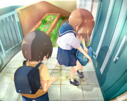 1boy 1girl 22m backpack bag blush brick_wall brown_hair door grass holding holding_bag loli original outdoors pants pee pee_trail peeing peeing_self pleated_skirt public_indecency puddle randoseru sailor_collar school_bag school_uniform serafuku shirt shoes shota skirt socks standing sweatdrop tears tile_floor tiles water_drop wet wet_clothes rating:Questionable score:78 user:BaronArgyleSven