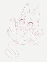 1girl :3 animal_ears animal_feet animal_hands animal_nose anus barefoot bottomless braid cat_busters cat_ears cat_girl cat_tail cleft_of_venus coat fangs feet female_focus full_body furry furry_female grey_background greyscale happy kekitopu lab_coat legs_up long_hair long_sleeves looking_up lying monochrome navel neko_hakase on_back open_clothes open_coat open_mouth pawpads pussy simple_background sketch smile soles solo spread_legs tail twin_braids twintails uncensored