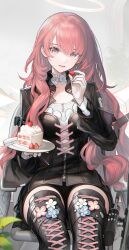  1girl absurdres arknights black_jacket black_shirt black_skirt boots cake cross-laced_clothes detached_wings energy_wings food fruit halo highres holding holding_food holding_fruit holding_plate jacket lace-up_boots lemuen_(arknights) long_hair long_sleeves looking_at_viewer nopetroto open_clothes open_jacket open_mouth pink_eyes pink_hair plate shirt sitting skirt smile solo strawberry strawberry_shortcake thigh_boots thighs wheelchair wings 
