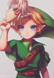  1boy belt blonde_hair blue_eyes determined fierce_deity green_hat green_shirt hat link loz_017 male_focus mask nintendo pointy_ears shirt the_legend_of_zelda the_legend_of_zelda:_majora&#039;s_mask unworn_mask young_link  rating:Sensitive score:20 user:danbooru