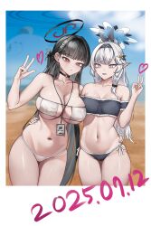  2girls alternate_costume alternate_hairstyle arm_around_waist bare_arms bare_shoulders beach bent_v bikini black_bikini black_choker black_hair black_hairband black_halo black_ribbon black_scrunchie blue_archive blunt_bangs braid breasts bright_pupils cameltoe choker cleavage collarbone commentary_request cowboy_shot dated detached_sleeves earclip eyepatch_bikini flower frilled_bikini frilled_sleeves frills groin hair_flower hair_ornament hair_ribbon hair_scrunchie hairband hairclip half_up_braid half_updo halo hand_on_another&#039;s_waist hand_up high_ponytail highres himari_(blue_archive) id_card lanyard large_breasts linea_alba long_hair looking_at_viewer low-tied_sidelocks medium_breasts multicolored_halo multiple_girls navel o-ring o-ring_choker parted_lips perorozilla_(blue_archive) pointy_ears ponytail purple_eyes raised_eyebrows red_eyes red_halo ribbon rio_(blue_archive) rolo6_4 scrunchie short_sleeves side-by-side side-tie_bikini_bottom sidelocks single_sidelock small_breasts standing stomach strapless strapless_bikini string_bikini sweatdrop swimsuit two-tone_halo v very_long_hair w white_bikini white_flower white_hair white_halo white_pupils 