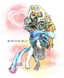  1girl black_skin blue_scarf blush chatan_(160429) colored_sclera colored_skin glowing_tattoo hair_ornament heart helmet hyrule_warriors imp midna multicolored_skin nintendo nude one_eye_covered orange_hair pointy_ears red_eyes scarf solo the_legend_of_zelda two-tone_skin yellow_sclera 