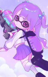  1girl chiru_spla27 closed_mouth commentary_request gun highres holding holding_gun holding_weapon ink_tank_(splatoon) inkling inkling_girl inkling_player_character long_hair looking_at_viewer nintendo pink_eyes pleated_skirt pointy_ears purple_skirt shirt short_eyebrows skirt solo splatoon_(series) splatoon_3 splattershot_(splatoon) tentacle_hair thick_eyebrows thighhighs two_side_up weapon white_shirt white_thighhighs 