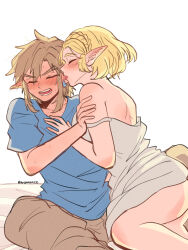  1boy 1girl aorin_(riley17_a) bare_shoulders blonde_hair blue_shirt blush braid brown_hair brown_pants closed_eyes couple dress ear_blush ear_licking earrings hetero highres hug jewelry licking link nintendo pants princess_zelda shirt simple_background strap_slip the_legend_of_zelda the_legend_of_zelda:_breath_of_the_wild the_legend_of_zelda:_tears_of_the_kingdom thighs 