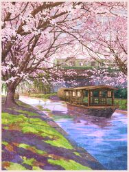  boat border bridge bush canal cherry_blossoms commentary_request day fading_border falling_petals grass highres kyoto lantern mugumo_24k nature no_humans original outdoors overhead_line paper_lantern petals petals_on_liquid real_world_location reflection reflective_water retaining_wall revision river riverbank rope scenery signature spring_(season) train tree water watercraft willow 
