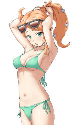  1girl absurdres adjusting_hair aqua_bikini aqua_eyes arms_behind_head bikini black-framed_eyewear breasts collarbone eyewear_on_head hair_ornament heart heart_hair_ornament highres long_hair maho_(corotonton5150) medium_breasts navel nintendo open_mouth orange-tinted_eyewear orange_hair pokemon pokemon_swsh side_ponytail solo sonia_(pokemon) sunglasses swept_bangs swimsuit tinted_eyewear wavy_hair 
