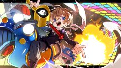  1boy banana_peel black_background black_shirt blonde_hair blue_eyes car chibi commentary_request driving full_body fura_kanato highres jisshu letterboxed long_sleeves looking_to_the_side male_focus mario_(series) mario_kart motor_vehicle multicolored_hair nijisanji nintendo open_mouth orange_hair rainbow_road scarf shirt simple_background smile solo streaked_hair teeth upper_teeth_only virtual_youtuber white_scarf 