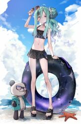  1girl beach bikini bikini_skirt black_bikini blue_sky cloud commentary_request cumulonimbus_cloud enomoto_nao expressionless flat_chest full_body green_hair hair_bun highres innertube long_hair looking_at_viewer navel original platform_sandals purple_eyes sky starfish stuffed_animal stuffed_toy sunglasses swim_ring swimsuit teddy_bear 