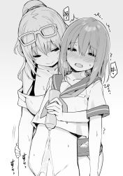 1boy 1girl age_difference blush bra_strap breasts commentary_request crop_top crossdressing eyewear_on_head gradient_background greyscale hetero highres implied_handjob long_hair medium_hair monochrome off_shoulder onee-shota open_mouth original out-of-frame_censoring ponytail sailor_collar shirt short_sleeves shota sky-freedom smile sweatdrop teenage_girl_and_younger_boy trap trembling white_shirt yui_(sky-freedom) rating:Explicit score:202 user:danbooru